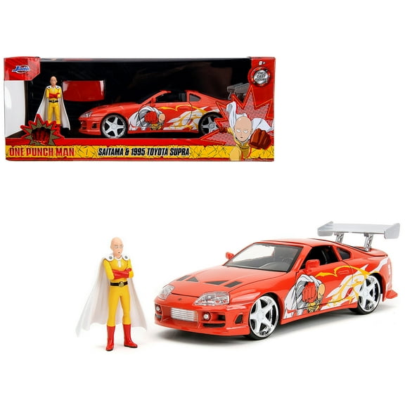 1995 Toyota Supra Red with Graphics and Saitama Diecast Figure "One Punch Man" (2015-2019) TV Series 1/24 Diecast Model by Jada