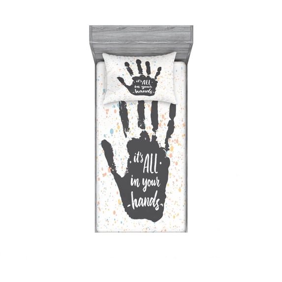 Inspirational Bedding Set with Sheet & Covers, It is All in Your Hands Inscription on Grungy Print Pastel, Printed Bedroom Decor 2 Shams, 4 Sizes, Charcoal Grey Baby Blue, by Ambesonne