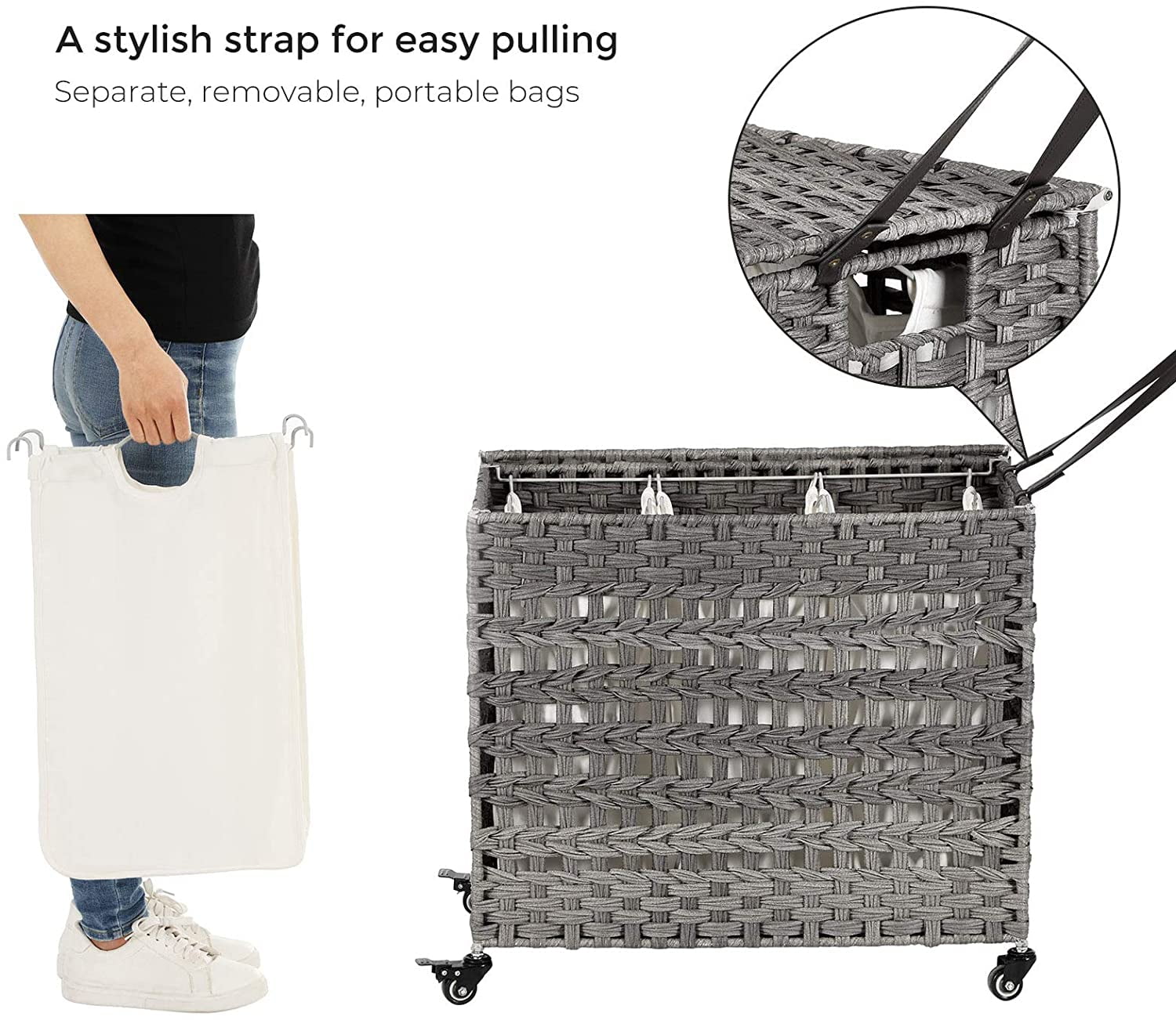 140L Laundry Hamper on Wheels 3 Compartment Laundry Sorter with Lid Clothes Hamper with Handles Wiker Laundry Basket for Laundry Room Gray
