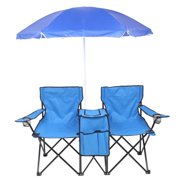 Portable Folding Picnic Double Chair With Removable Umbrella Table Cooler Beach Camping Chair Blue