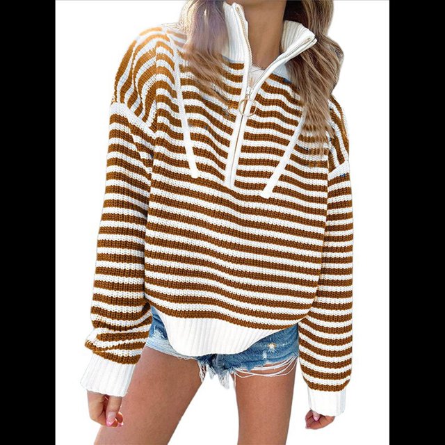 Suéter de Punto Acanalado de Larga con Media Cremallera A Rayas para Mujer, Tops Casuales, Cómodos y Ligeros, Moda de Otoño Marrón M