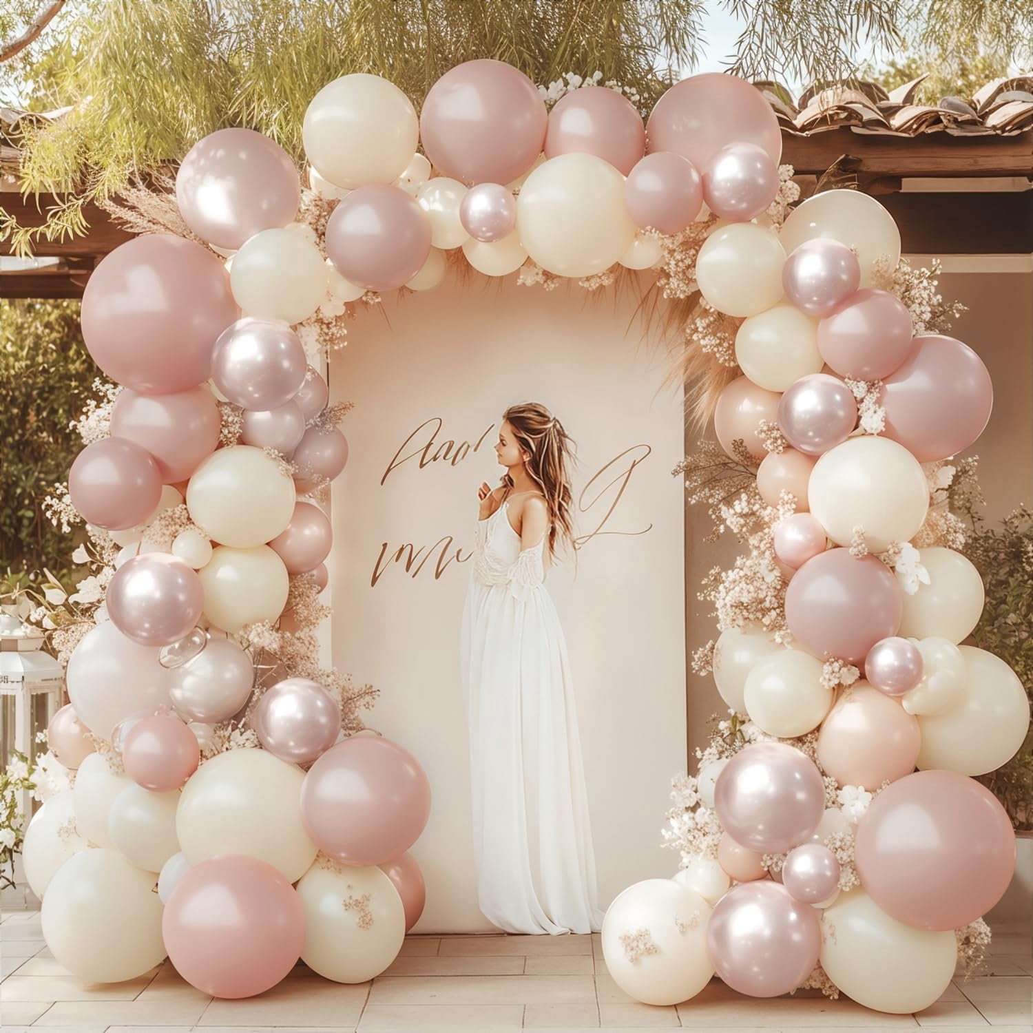 Dusty Pink Balloons Garland Arch Kit, Double Stuffed White Pearl Balloon Blush Neutral Pink Latex Balloons for Birthday Bridal Shower Party Decorations