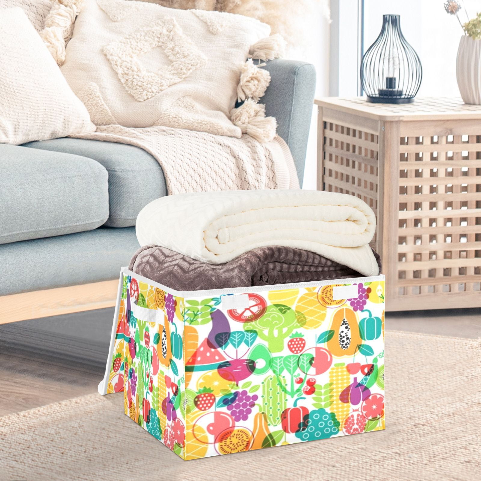 Colorful vibrant fruit vegetable pattern Large Toy Box Chest Storage with Flip-Top Lid, Collapsible Storage Boxes Container Bins for Toys, Playroom Organizers