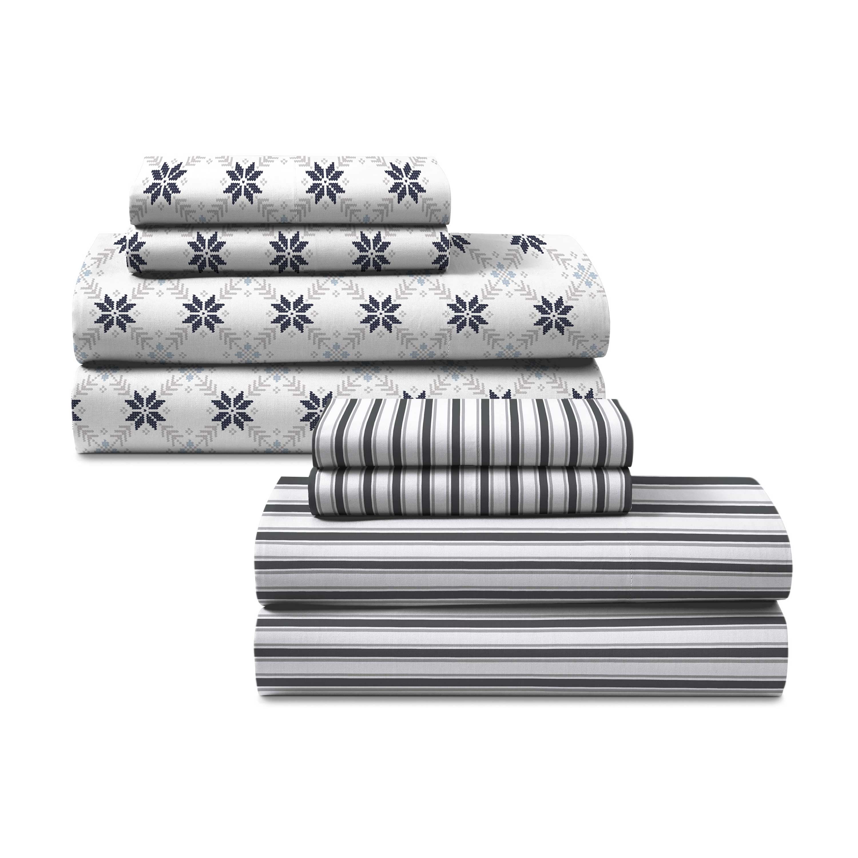Martex 2-Pack Holiday Queen Navy Blue Striped and Fair Isle Sheet Set
