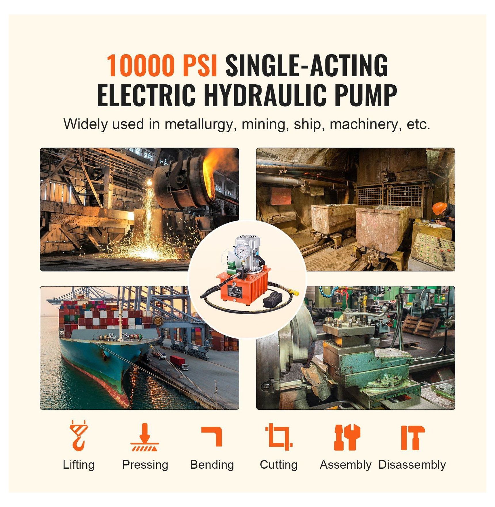 Electric Hydraulic Pump 10000 PSI 750W, 8L Capacity, Single Acting, 110V Power Pack with Pedal for Punching, Bending, Jack Machines - Extended Oil Reach