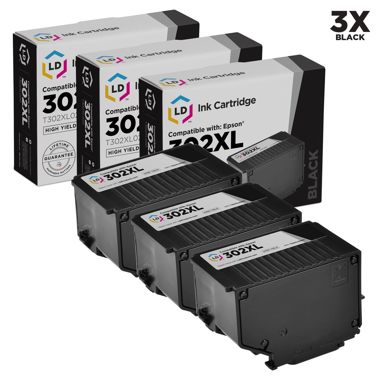 Remanufactured Epson 302XL T302XL020 Pack of 3 High Yie Black