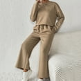thumbnail image 4 of 2 Pcs/Set Women Top Pants Suit Round Neck Long Sleeves Textured Solid Color Sweatshirt Elastic Waist Wide Leg Trousers Daily Wear Sport Outfit Fall Spring Tracksuit, 4 of 7