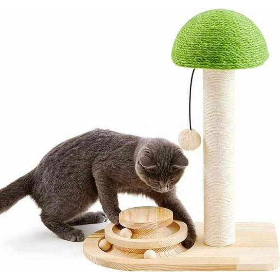 2-in-1 Mushroom Cat Scratching Post — Sisal Rope Scratcher with Wooden Ball-Track Toy & Perch