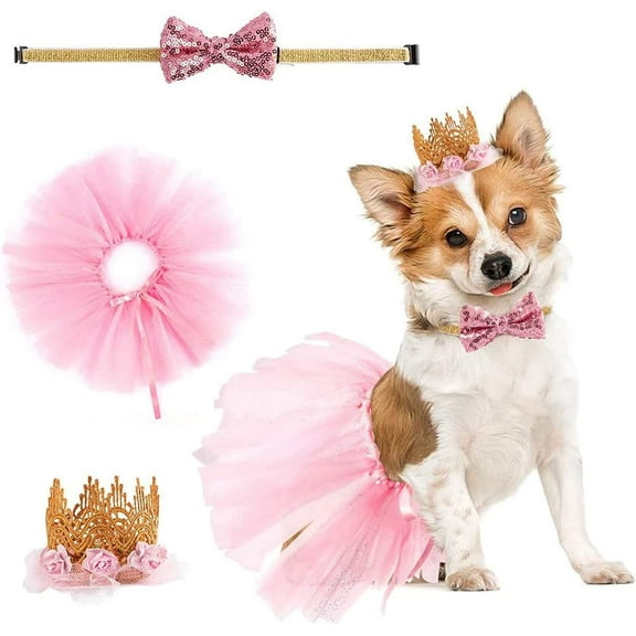 Dog Tutu Skirt, Dog Birthday Party Supplies Pink, Bowtie and Crown Hat Skirt Set for Cat Dog, Pet Cosplay for Halloween, Christmas, Holidays, Dog Wedding, Puppy Birthday Party