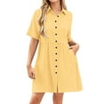 thumbnail image 3 of Umbreon Yellow Linen Dresses for Women Summer Short Sleeve Button Down Midi Dress Cre W Neck Solid Color Fashion Causal Beach Vacation Clothes with Pockets, 3 of 7