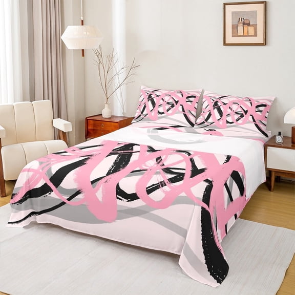 Erosebridal Abstract Geometric Stripes Sheet Set Twin,Oil Painting Style Bedding Sets Twin Size,Pink Black Twin Sheet Sets,Breathable Room Decor,3pcs