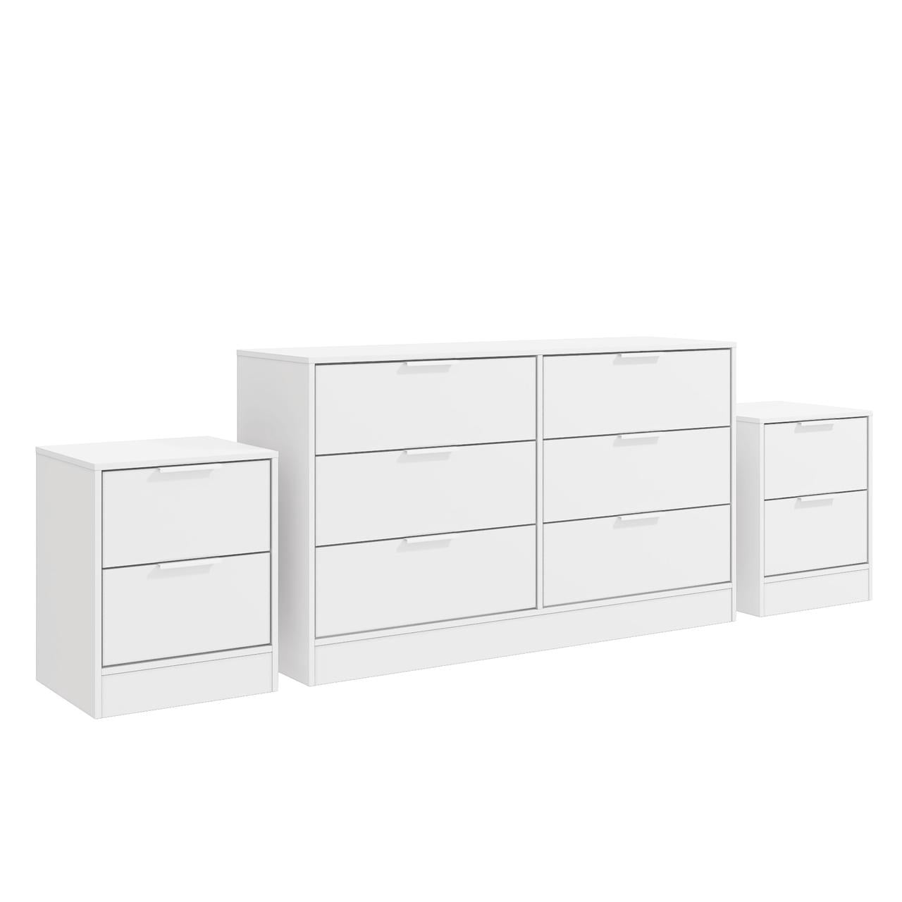 Kappesberg Fresno White 3-Piece Dresser and 2 Nightstands Set – 6-Drawer Modern Bedroom Combo - for Adults and Teens