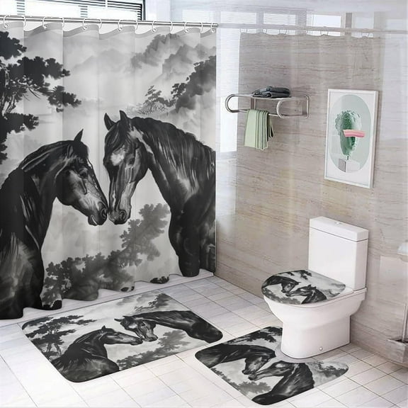 4Pcs Black Horse Vintage Shower Curtain Set with Toilet Lid Cover Non-Slip Rugs for Bathroom, Farmhouse Tree Animal Mountain Shower Curtain Bathroom Sets with Hooks, 72x72 Inch