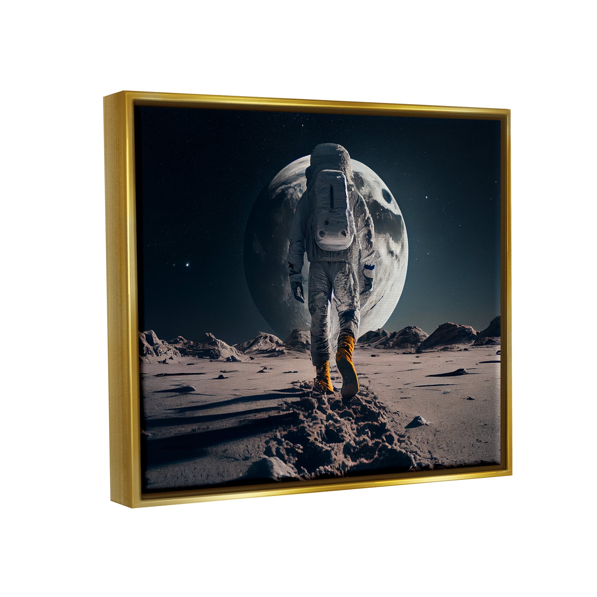 Stupell Industries Man On Moon Outer Space Astronaut Fairy Tales & Fantasy Painting Gold Floater Framed Art Print Wall Art