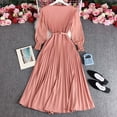 thumbnail image 2 of OSOLU Dresses Solid Color Design: Pleated Skirt Pressed Pleats Waist Thin Temperament Light Mature Style Women Spring Elegant Dress Long Style Classic Sundress Flowy Vacation Dress, 2 of 7