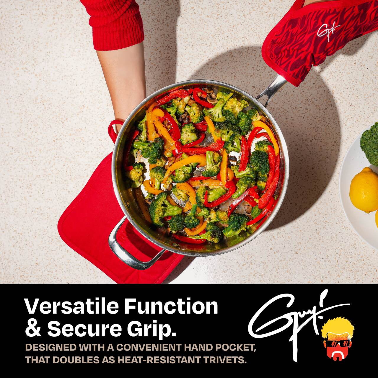Guy Fieri's Flavortown Kitchen Essentials Bundles, Red Flame 4-Piece Set, 2 Oven Mitts & 2 Pot Holders, High Heat Resistant up to 450°F