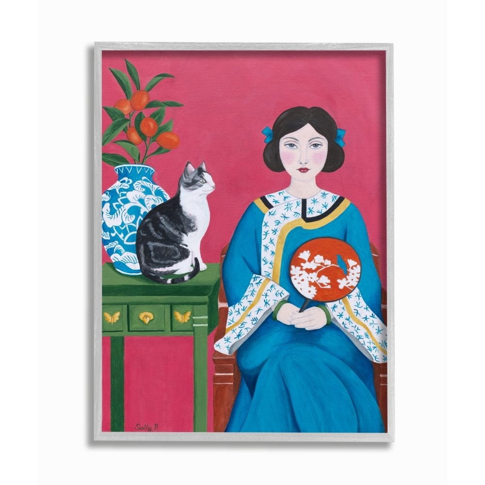 Stupell Industries Chinese Woman And Cat Red Green Blue Painting Gray Framed Art Print Wall Art, 16x20, by Sally B