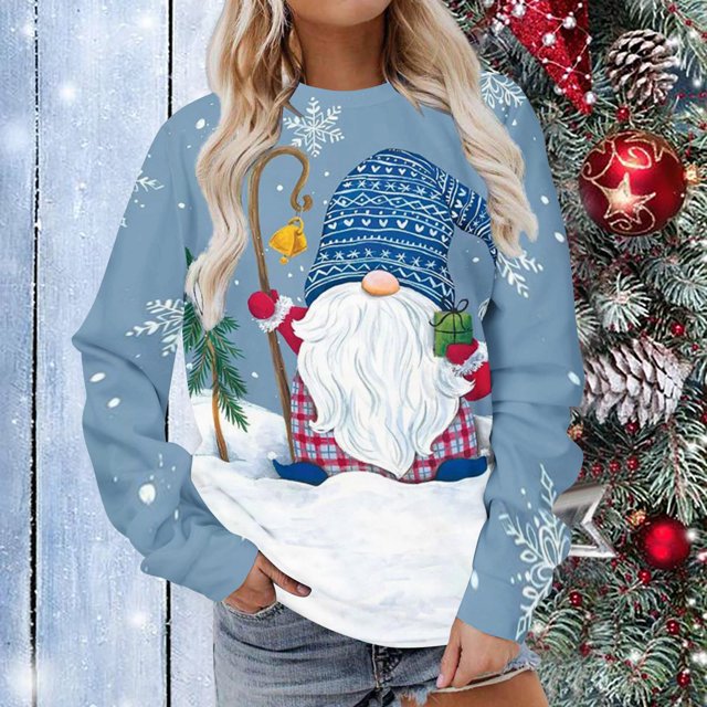 Costumes de Noël en Liquidation Femmes Manches Longues Décontracté Impression de Noël Col Rond Chandail Tunique Hauts Grande Taille Chandail en Molleton pour Femmes