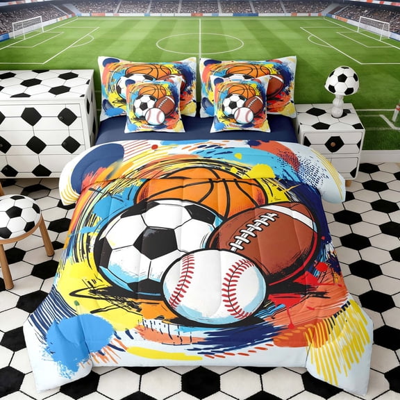 Erosebridal Color Splash Balls Twin Bedding Sets, Sport Bedding Comforter Set for Boys and Girls, Navy Reversible 7pcs