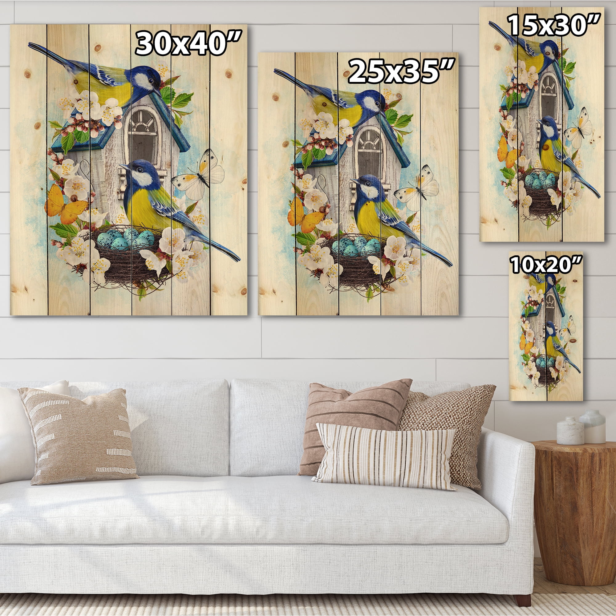Designart 'Two Tit Birds Sitting Near The Nest With Eggs and White Flowers I' Traditional Print on Natural Pine Wood