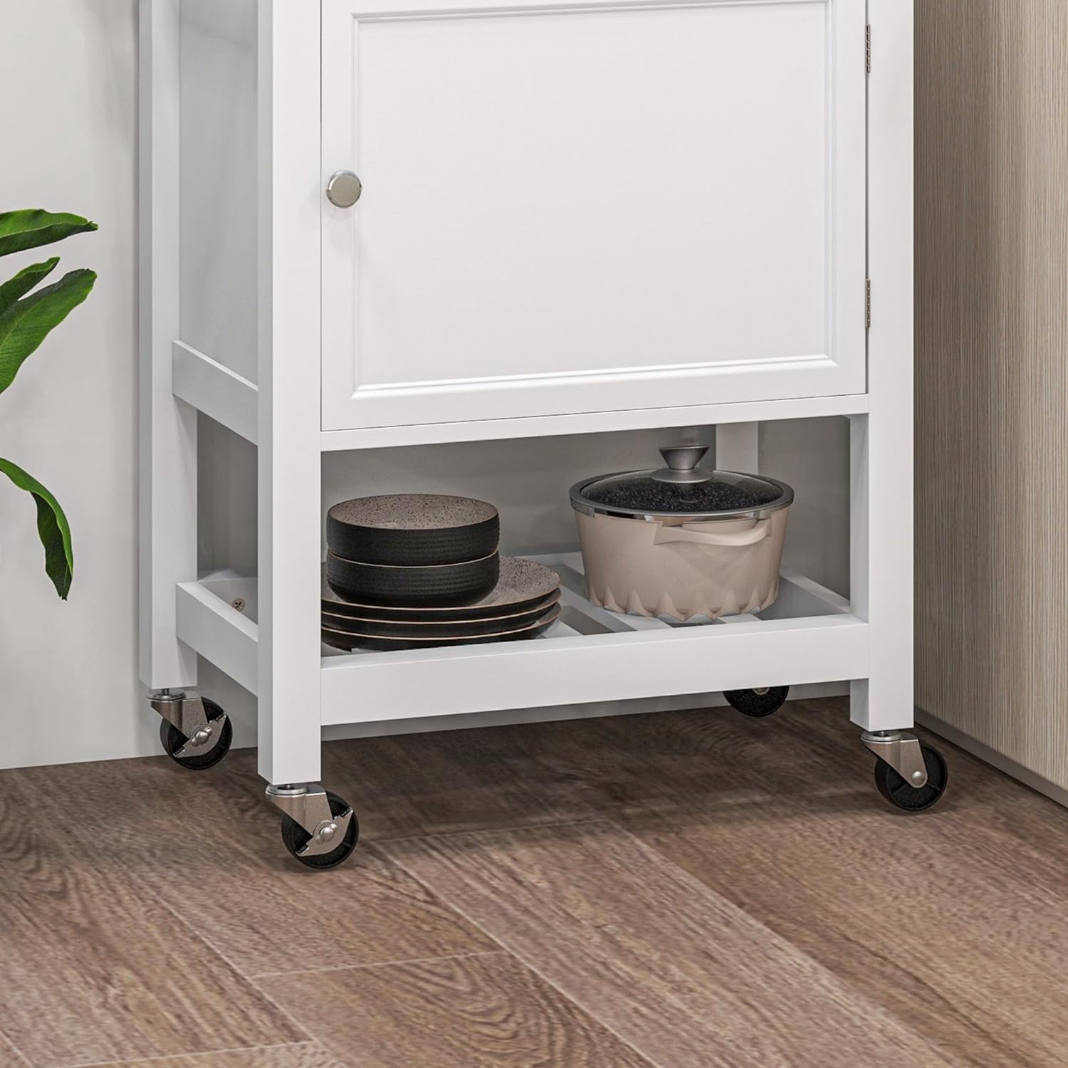 Utility Kitchen Cart, Rolling Kitchen Island with Smooth Rubberwood Top, Narrow Butcher Block Surface on Wheels with Storage Drawer & Cabinet, White