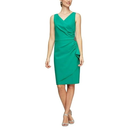 Alex Evenings V-Neck Sleeveless Brooch Side Tiered Zipper Back Dress-JADE / 2