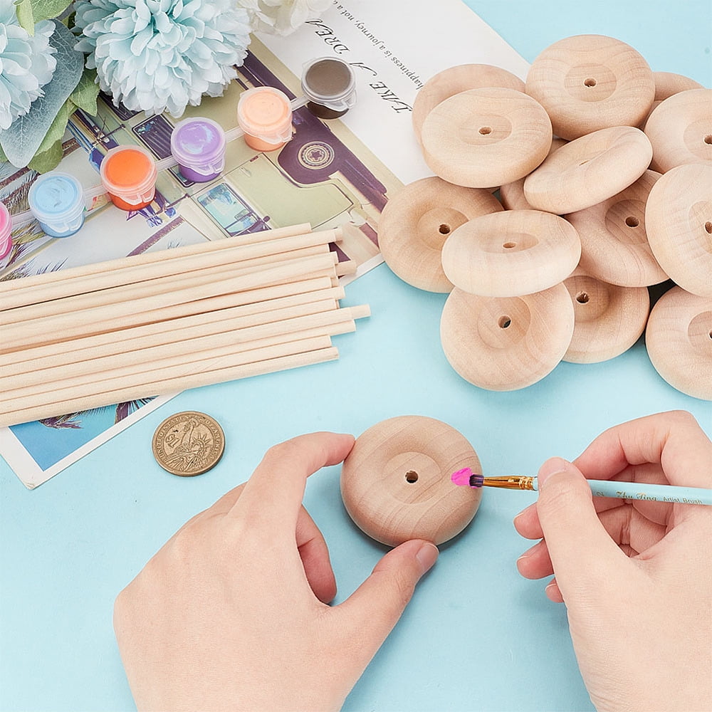 Unfinshed Wood Wheel & Stick DIY Wooden Craft Children Toys BurlyWood Wheel: 5x1.6cm Hole: 6mm Stick: 15x0.5cm DIY