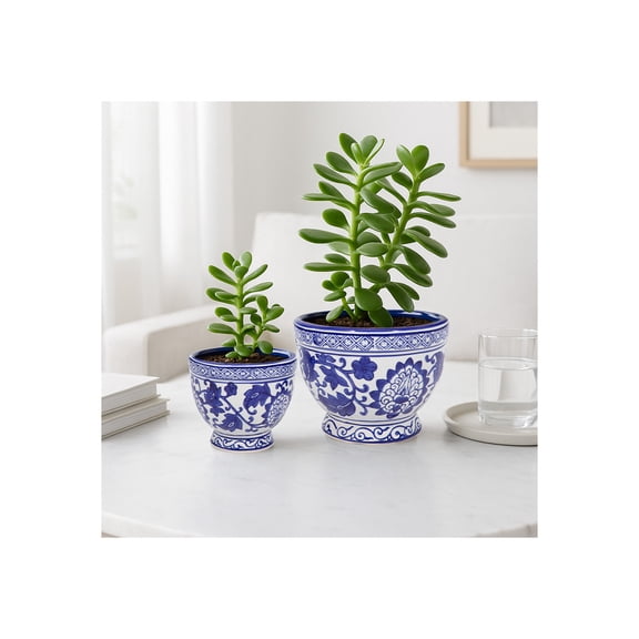 Chinoiserie Flower Pots for Home Decor - Stoneware Ceramic Bowls with Floral Design for Planters for Indoor and Outdoor Plants - Pots For Plants Accent for Garden - Set of 2, 5", 4", Blue & White