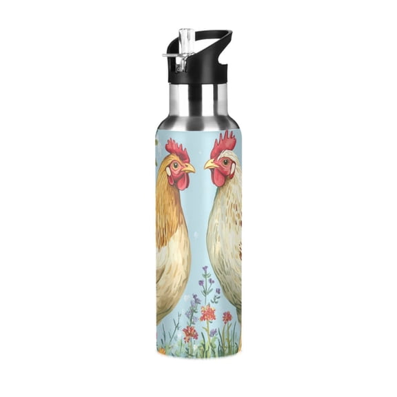 Two Chickens on Meadow Florals Sports Bottle with Straw Stainless Steel Water Jug Portable Thermal Cup Leak-proof 600ML