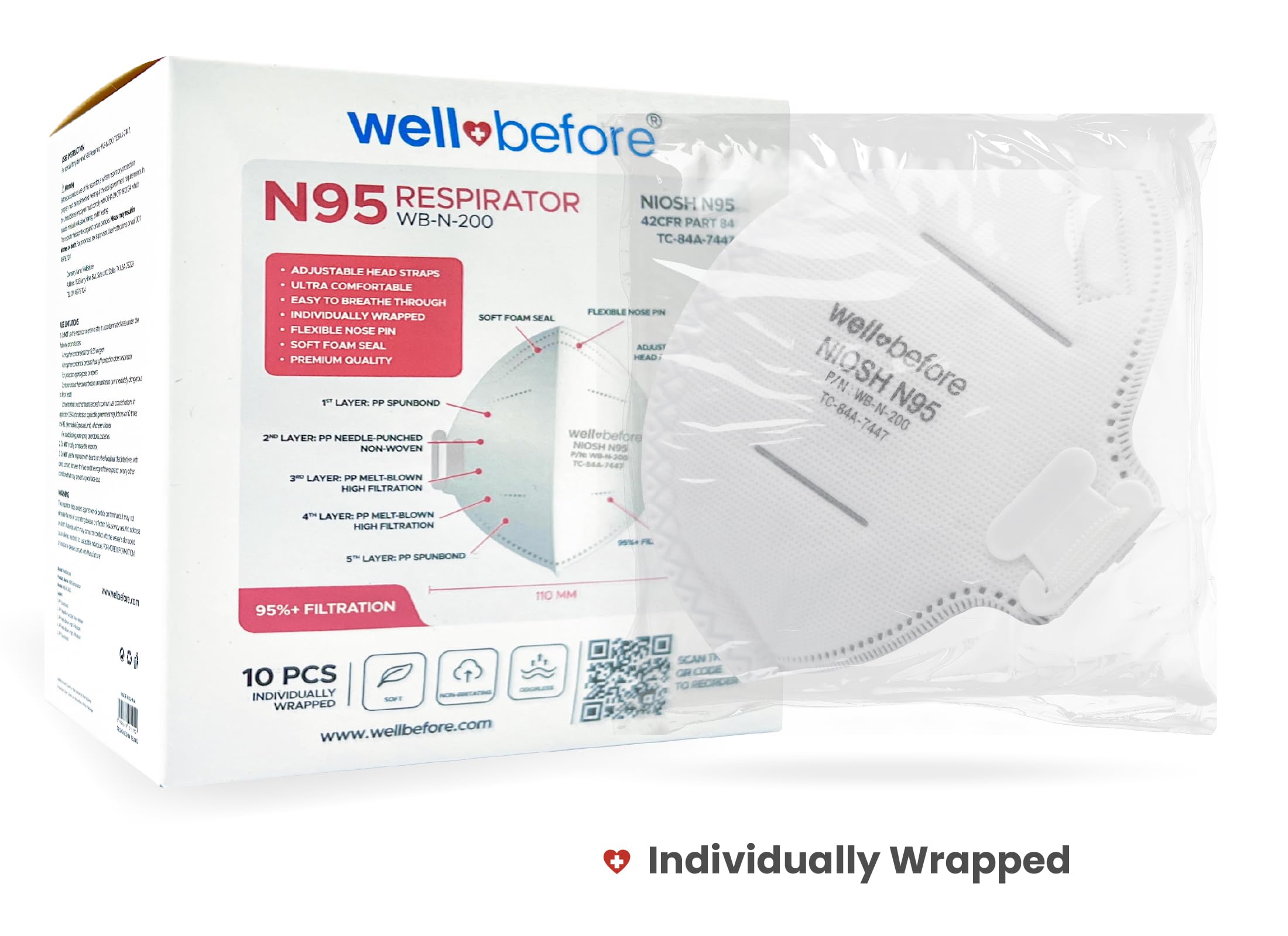 Well Before N95 Mask - NIOSH Approved (White, Pack of 20), Lightweight design, Breathable and comfortable for long periods of wear, N95 Masks For Adults helps filter Pollen and Dust, Universal Fit