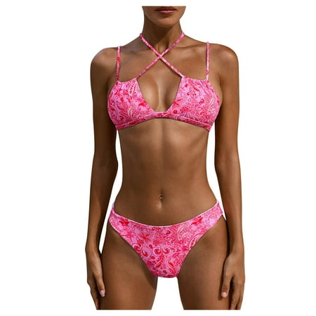 

VKEKIEO Two-Piece Sets Swimsuit Sport Bra Style Lace Pink M