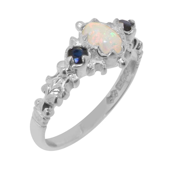 LBG British Made 925 Sterling Silver Natural Opal & Sapphire Womens Anniversary Ring - 33 size options - Size 10