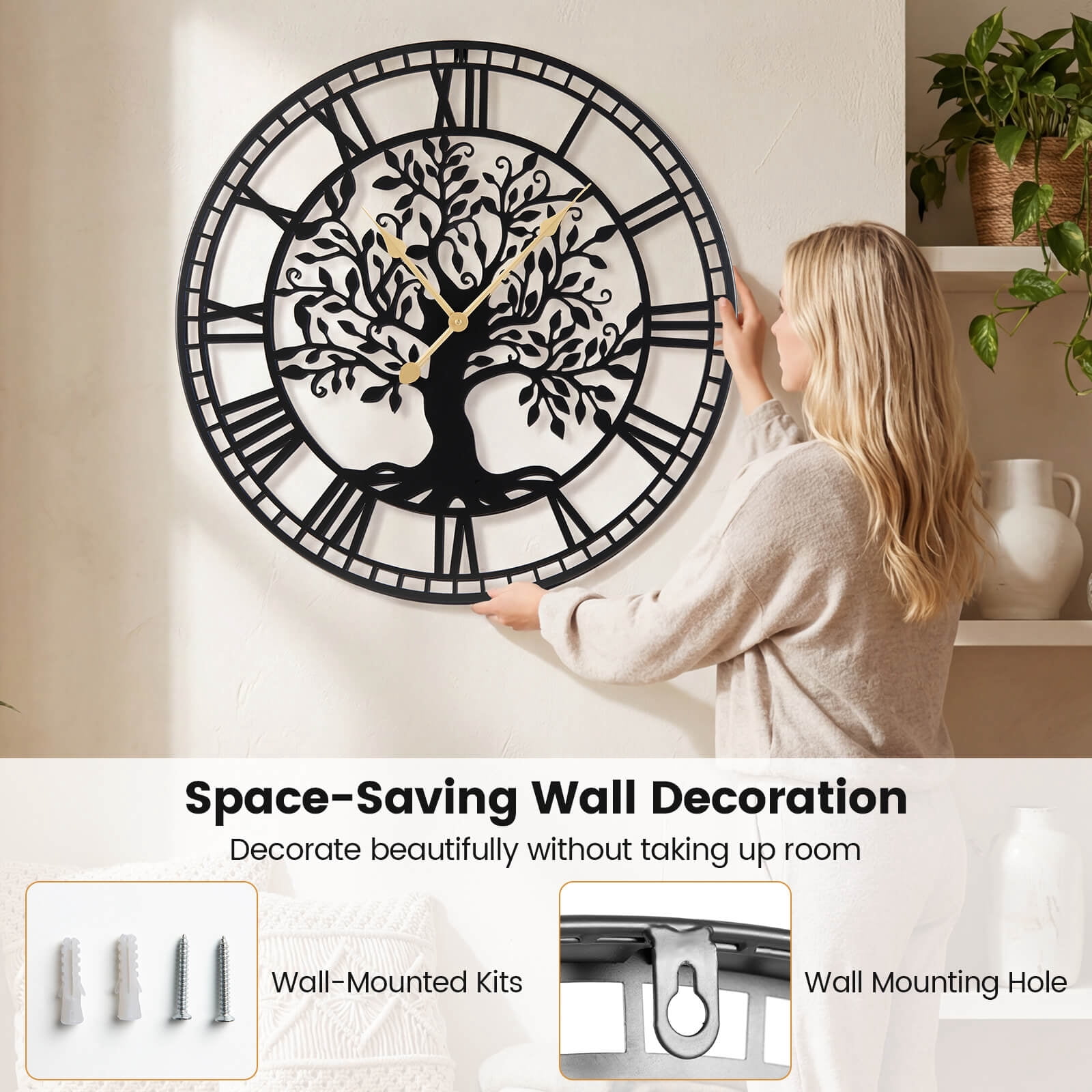 Costway Large Wall Clock, 27” Tree of Life Big Metal Clock, Non-Ticking Decorative Clock