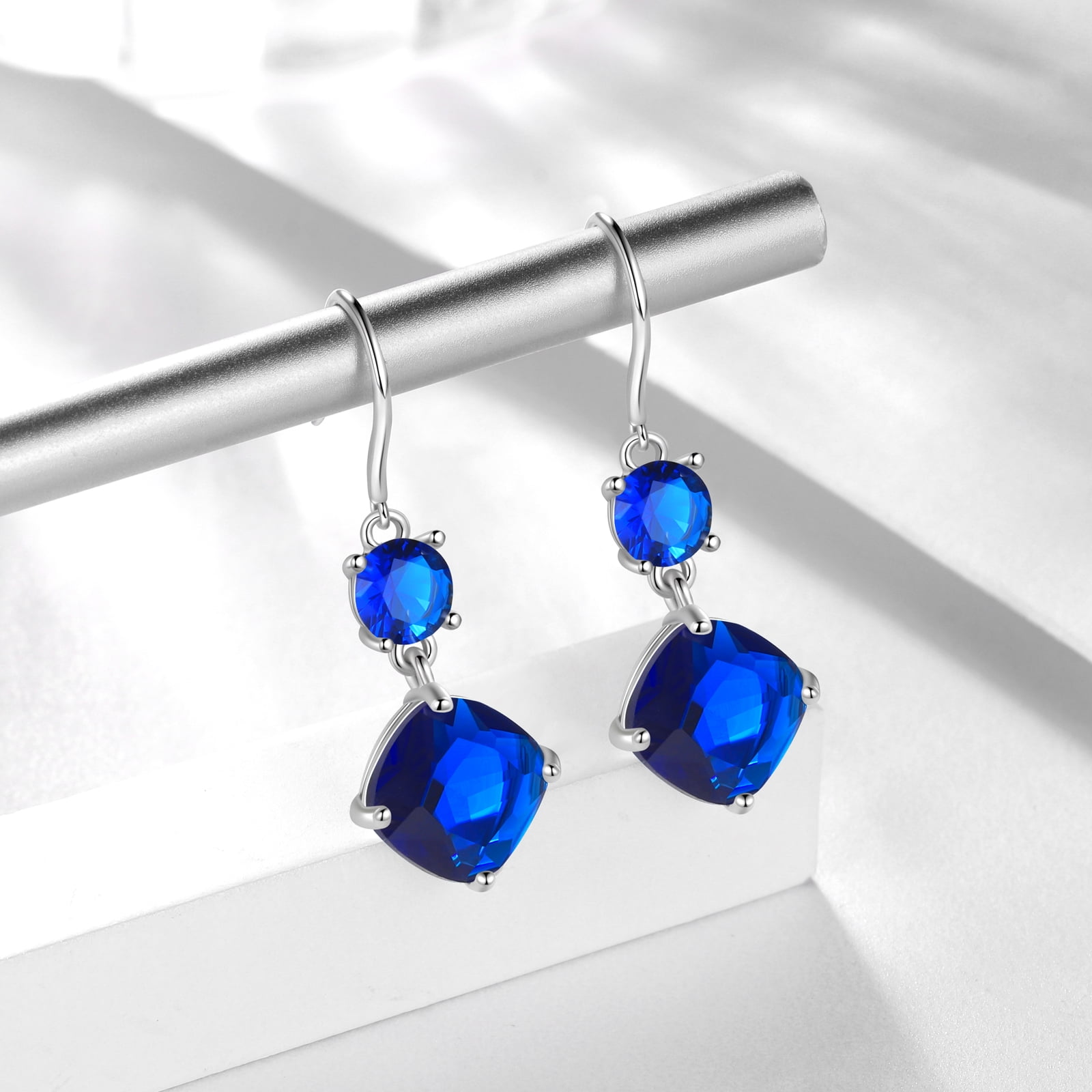 Juwaliy Women Blue Sapphire Dangle Earrings 925 Sterling Silver Hook September Birthstone Earring Cushion Jewelry Birthday Christmas Mother's Day Gift