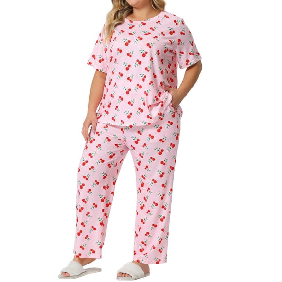 Conjunto de pijama de 2 piezas para mujer Agnes Orinda en tallas grandes, estampado de cerezas, cuello redondo, manga corta, pantalón largo con cintura elástica, ropa de dormir con bolsillo, 2X rosa