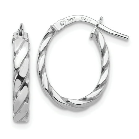 14k Patterned Hoop Earrings - 14K White Gold Patterned Oval Hoop Earrings