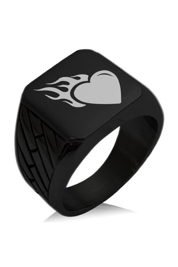 Stainless Steel Flaming Heart Geometric Pattern Biker Style Polished Ring