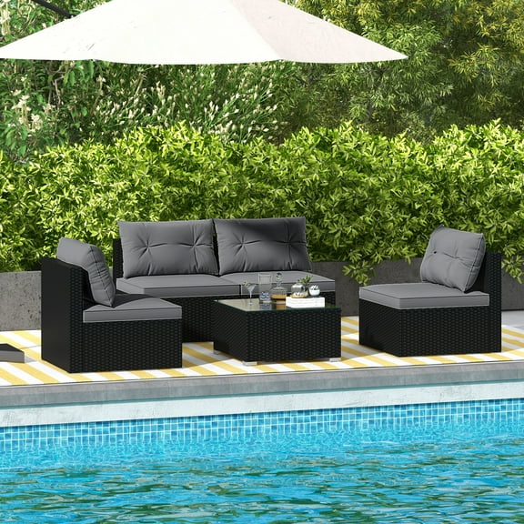 Gymax Set Of 5 Outdoor Furniture Set w/ Seat & Back Cushions Tempered Glass Tabletop