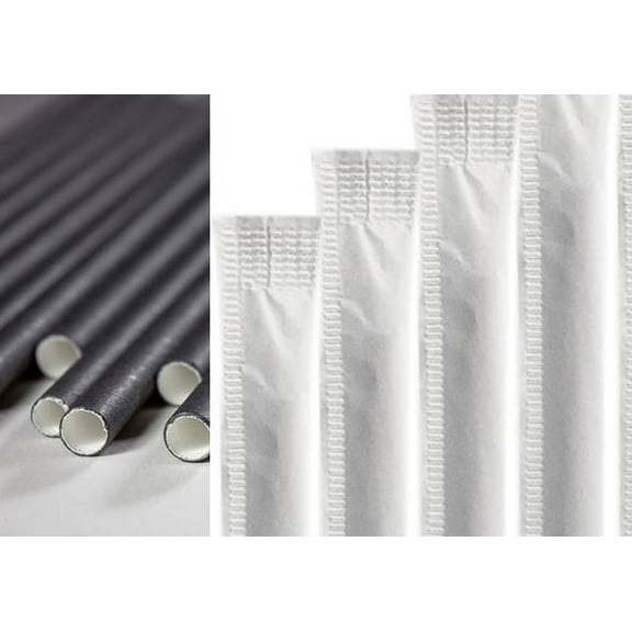 Go-Green 150pcs 8mm Black Individually Giant Wrapped Paper Straws 100% Biodegradable Drinking Straw Bulk  for Juices, Smoothies, Restaurants