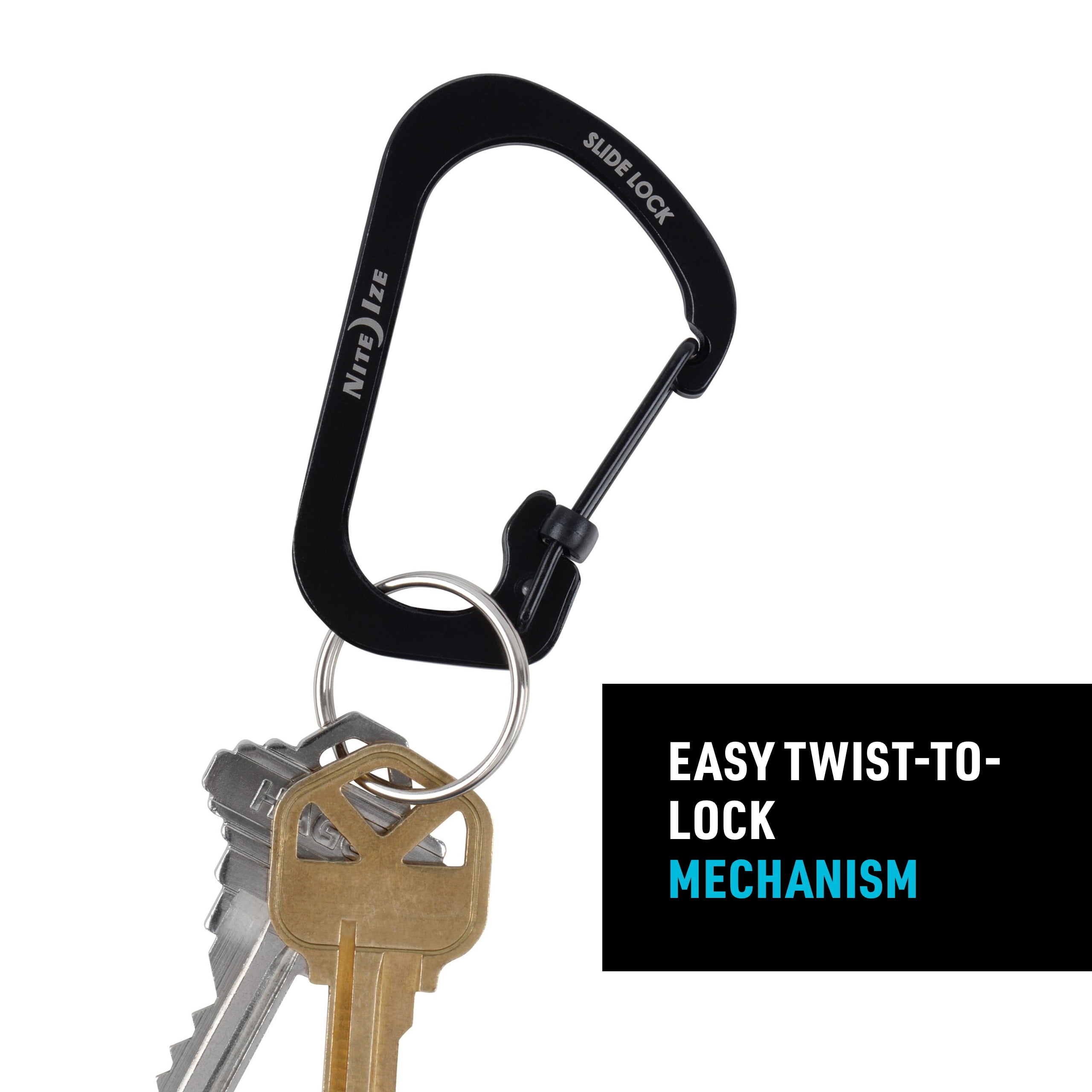 Nite Ize SlideLock Carabiner Stainless Steel - Key Holder Carabiner for Daily Use - Secure Keychain Organizer with Lock - Lockable Carabiner Fits Multiple Keys - Size 3, Black (4 Pack)