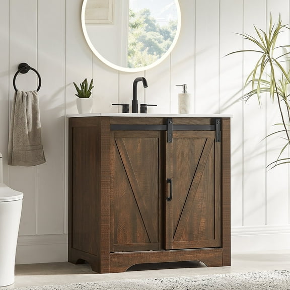 30 Inch Bathroom Vanity with Sink Combo, Farmhouse Bathroom Vanities with Sliding Barn Door&Metal Handle, Freestanding Single Sink Cabinet with Adjustable Shelve&Thicken Frame (Rusty Brown)
