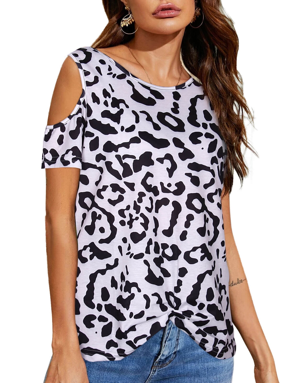 Ladies Plus Size Cut Out Cold Shoulder Casual Animal Leopard Print Tunic Top 