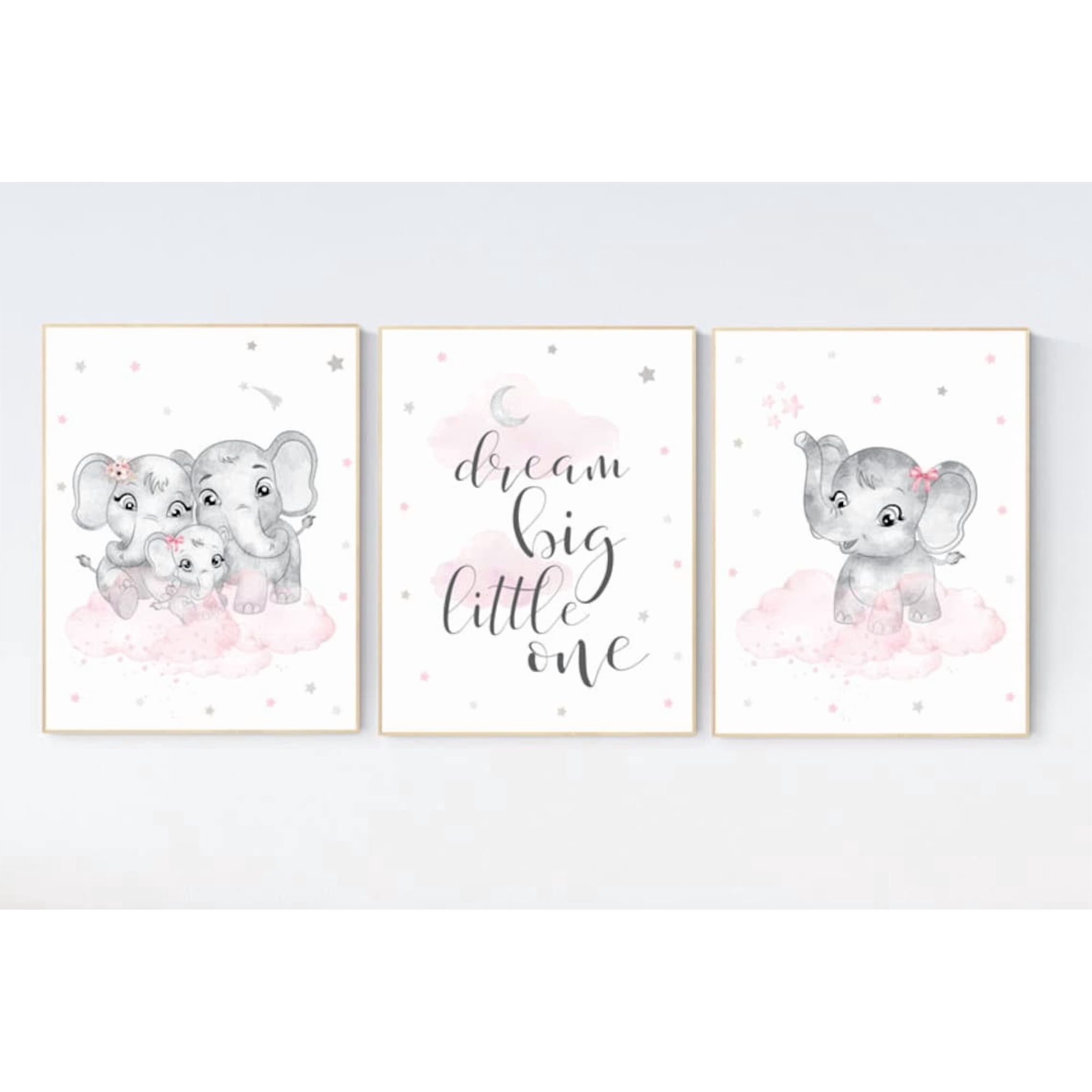 Set of 3 Nursery Decor Poster Set Pink and Gray Elephant Theme Wall Art For Girls Baby Room Ideas, Poster Only