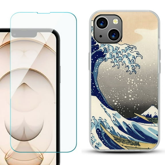 Slim-Fit Flexible TPU Gel Phone Case for iPhone 13, with Tempered Glass Screen Protector, by OneToughShield ® - Great Wave