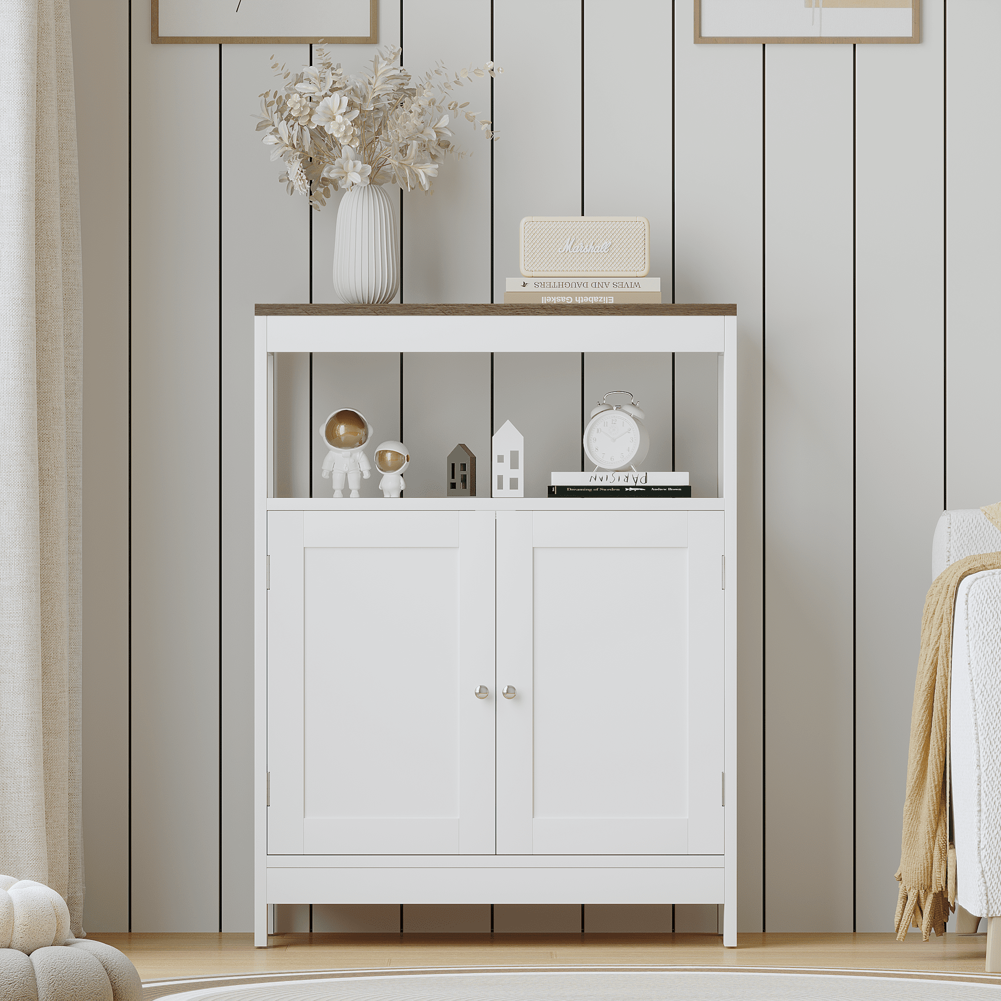 Leumius Modern Storage Cabinet with Double Doors,Free-Standing Bathroom Cabinet with Adjustable Shelf,Multi-Purpose Organizer for Kitchen,Living Room,Bathroom,White