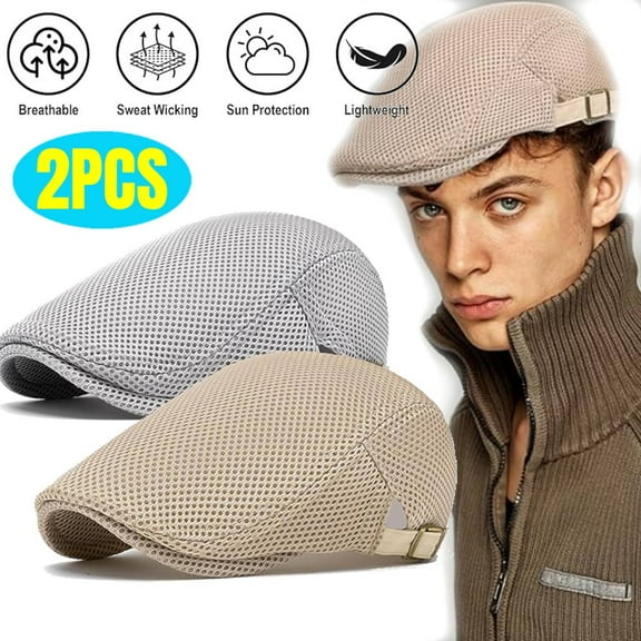 2PCS Newsboy Hats for Men, Men Hats Breathable Mesh Newsboy Caps Outdoor Sun Hats Flat Cap Adjustable Caps