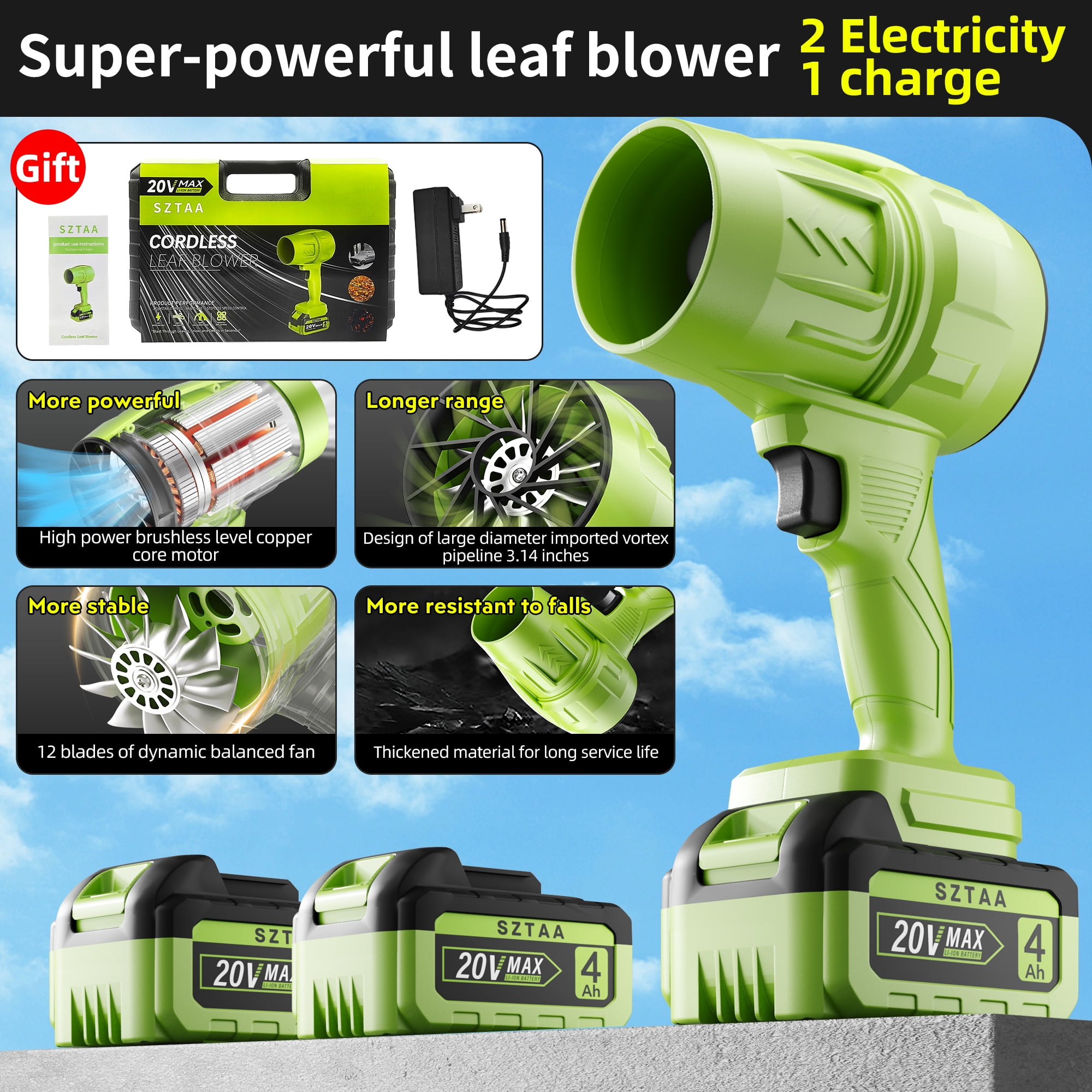 SZTAA Cordless Leaf Blower 20V Handheld with 2 Battery, 260 Cfm 76 Mph for Yard Lawn Driveway Snow