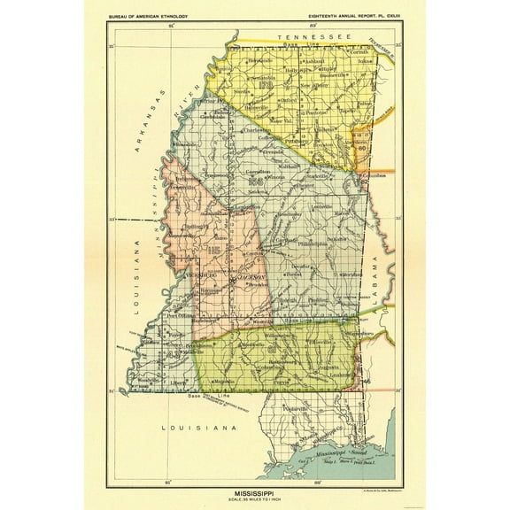 Historic State Map - Mississippi - Hoen 1896 - Vintage Wall Art