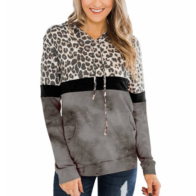 Suéter elegante de manga larga con bolsillos para mujer - Sudadera con capucha con estampado de leopardo y teñido anudado gris M