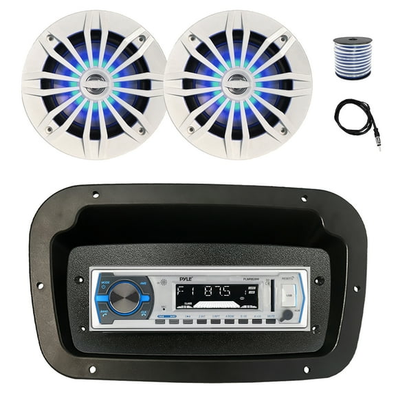 Pyle PLMRB29W Single DIN Bluetooth Marine MP3 Stereo Receiver, Spa bezel, Adapter Plate, 22" Radio Antenna, Wire, 2x 6.5" 180 Watt Peak 2-Way Blue Flashing LED Boat Audio Speakers (White)